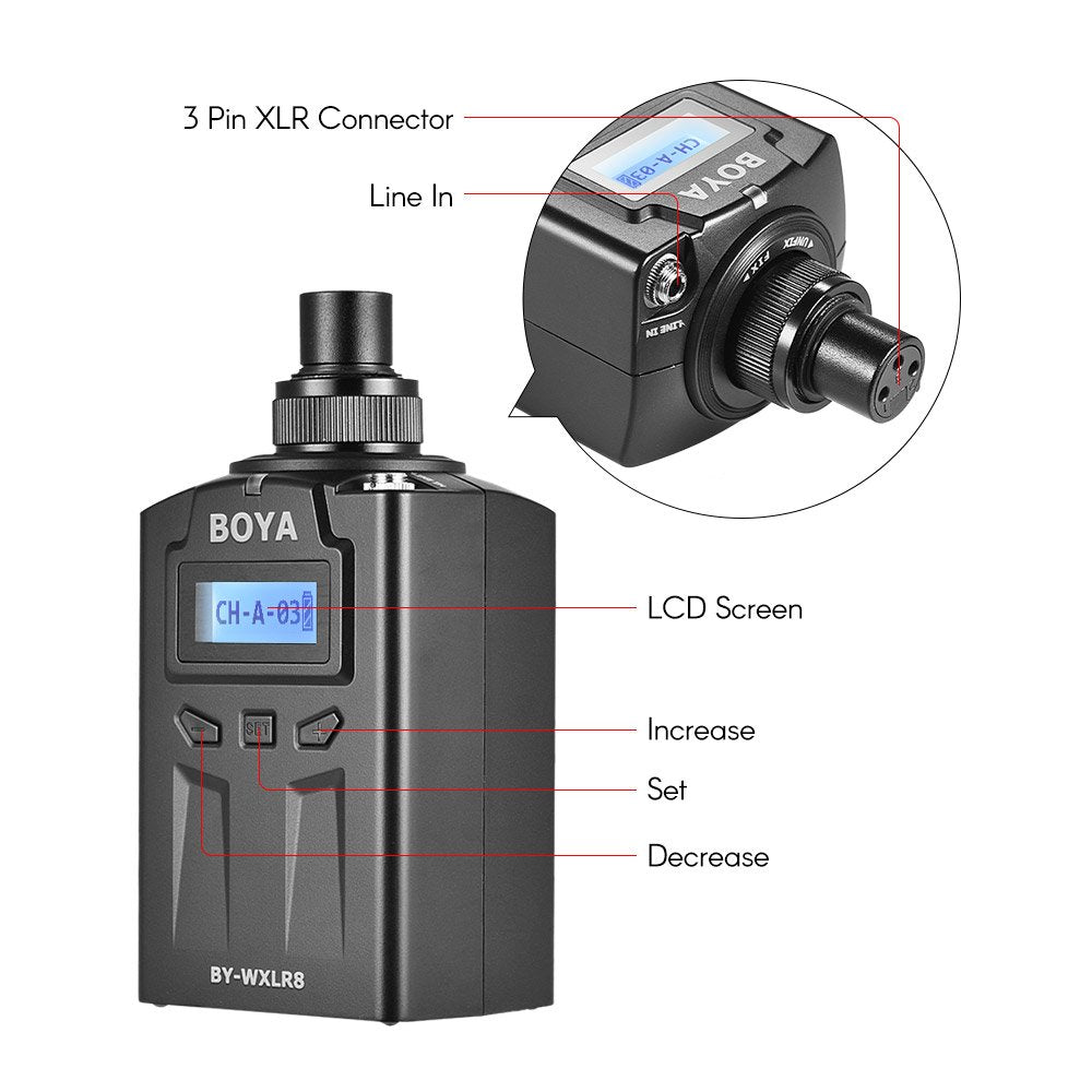BOYA BY-WXLR8 Handheld Plug-on XLR Audio Transmitter Wireless Microphone with LCD Display for BY-WM8 BY-WM6 Wireless Lavalier Microphone System