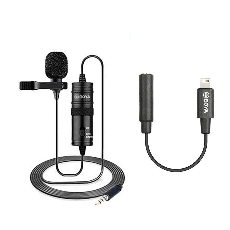 Boya BY-m1 with BY-K3 3.5mm Female TRRS to Male Lightning Adapter Cable compatible with iphone 13, 12, 11 and 10