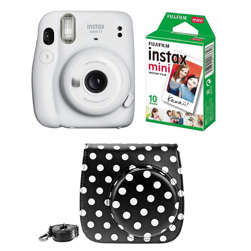 FUJIFILM INSTAX Mini 11 Instant Film Camera with 10X1 Pack of Instant Film With Dot Black Pouch Ice White