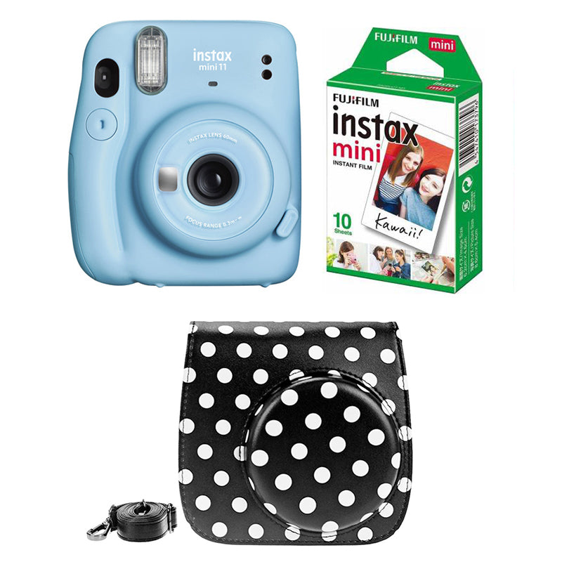 FUJIFILM INSTAX Mini 11 Instant Film Camera with 10X1 Pack of Instant Film With Dot Black Pouch Sky Blue