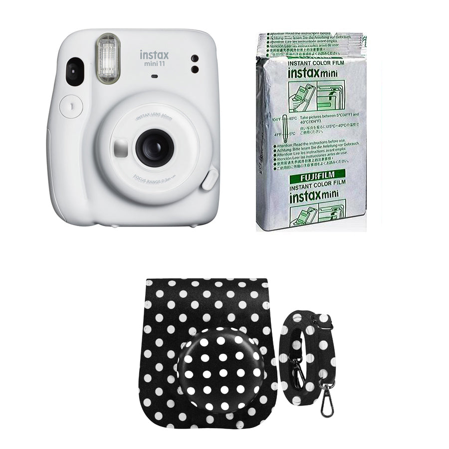 FUJIFILM INSTAX Mini 11 Instant Film Camera with 10X1 Pack of Instant Film With Dot Black Pouch Ice White