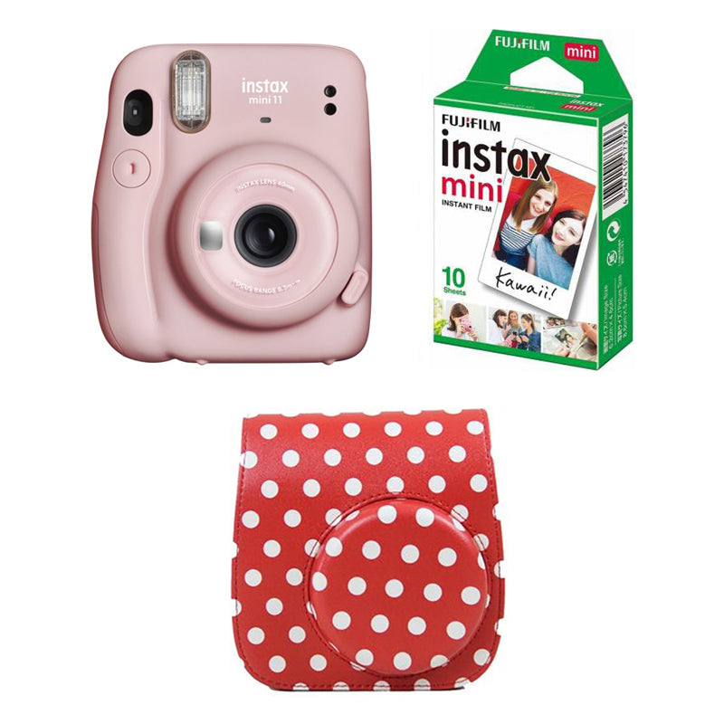 FUJIFILM INSTAX Mini 11 Instant Film Camera with 10X1 Pack of Instant Film With Dot Red Pouch Blush Pink