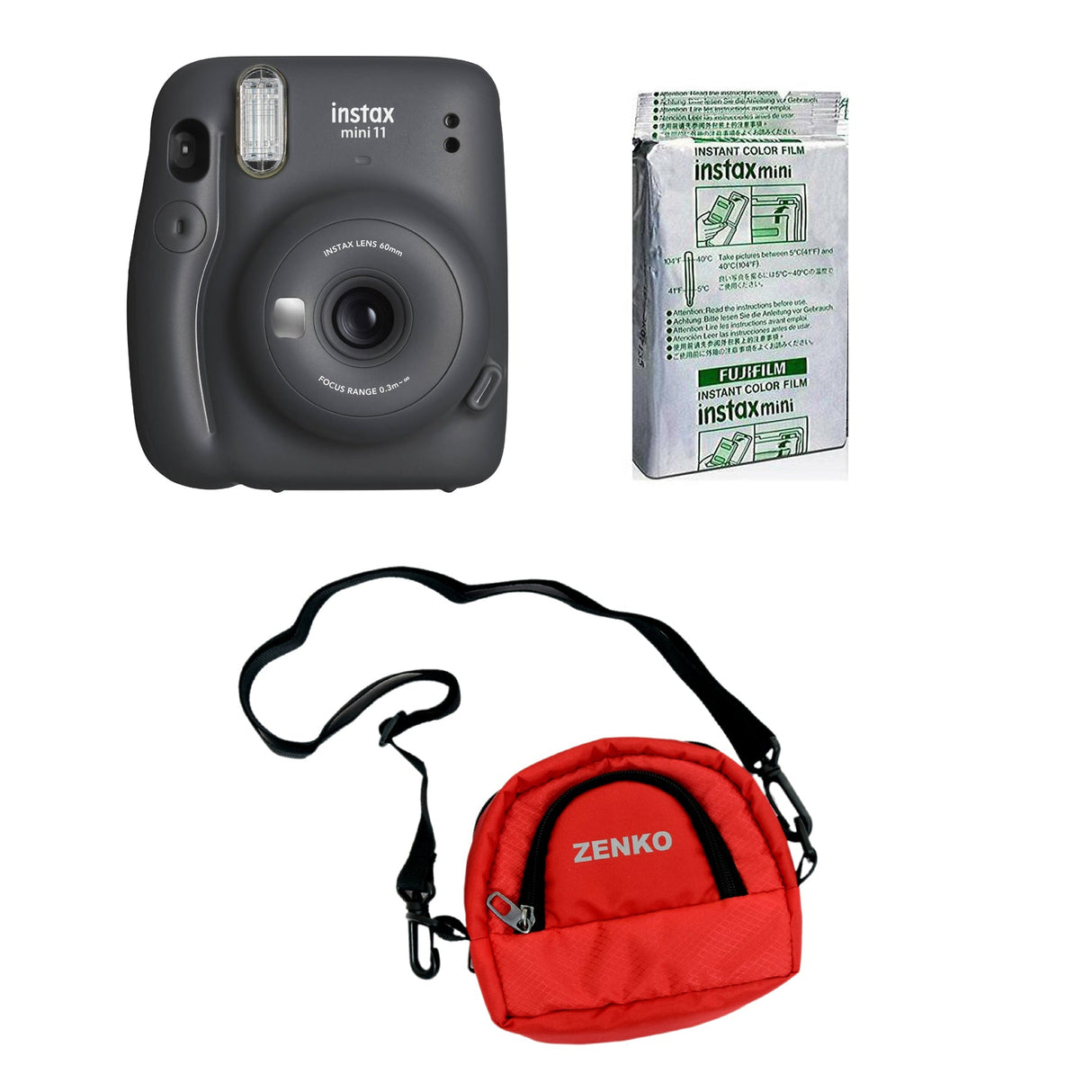 FUJIFILM INSTAX Mini 11 Instant Film Camera with 10X1 Pack of Instant Film With Red Pouch Kit (10 Exposures) Charcoal Gray