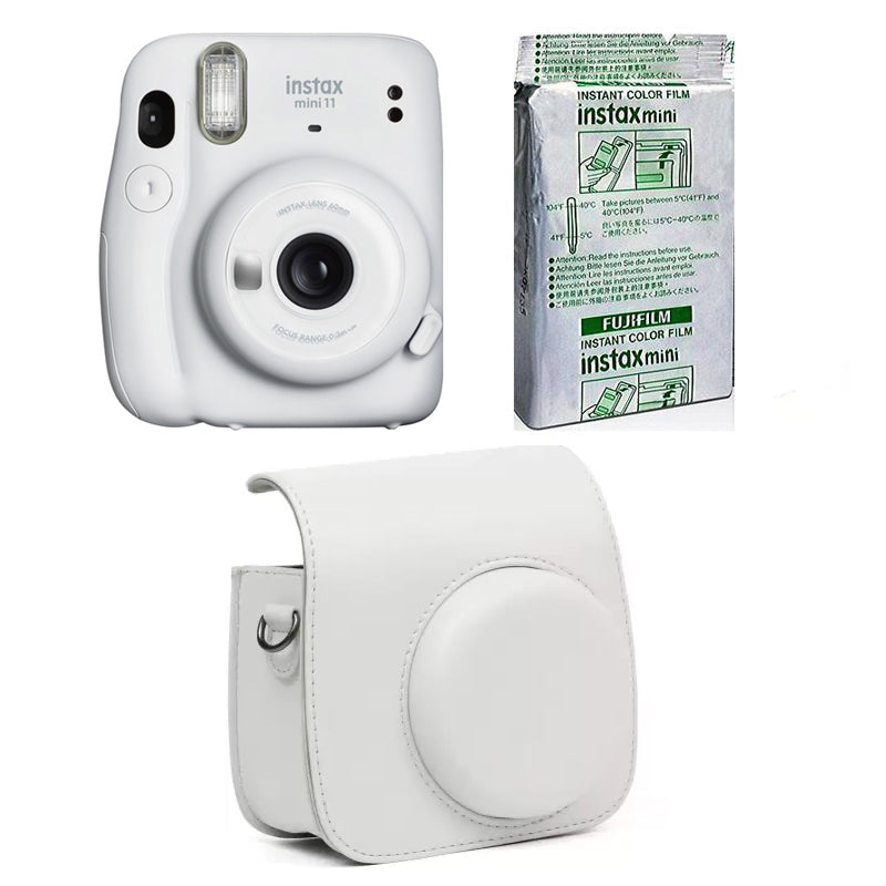 FUJIFILM INSTAX Mini 11 Instant Film Camera with 10X1 Pack of Instant Film With White Pouch (Ice White, 10 Exposures)