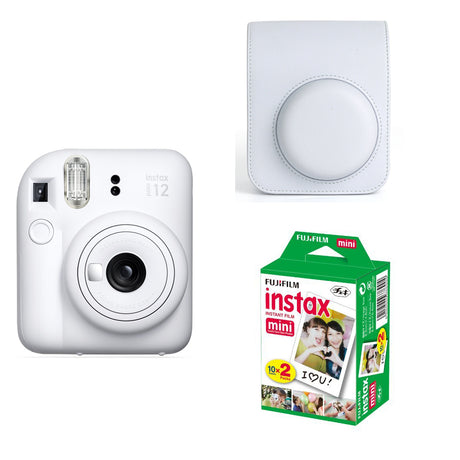 FUJIFILM INSTAX Mini 12 Instant Film Camera with PU Leather Carrying Bag and 20 Shots Instant film Clay White