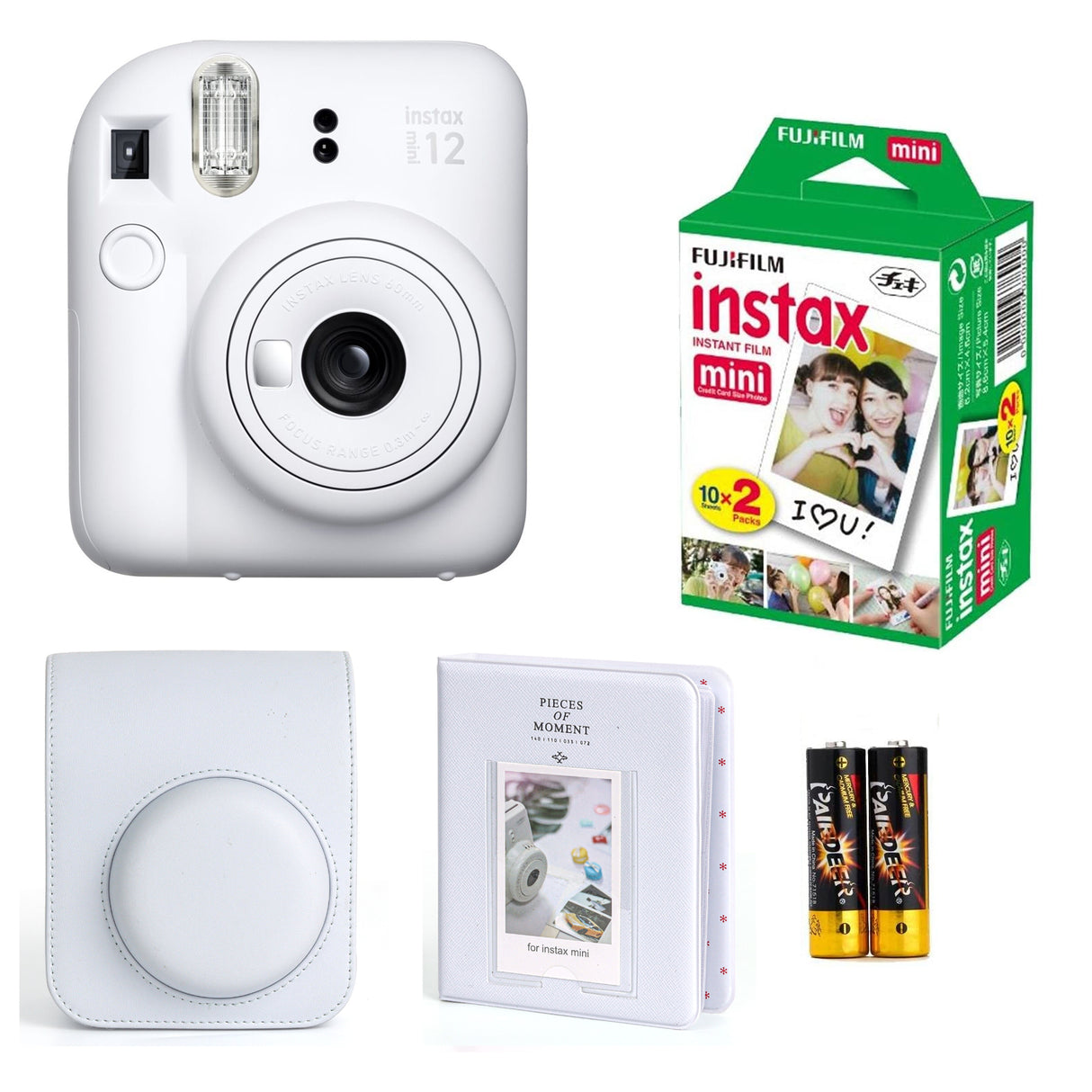 FUJIFILM Instax Mini 12 Instant Camera with twin pack Film + pouch and 64 sheet album Clay White