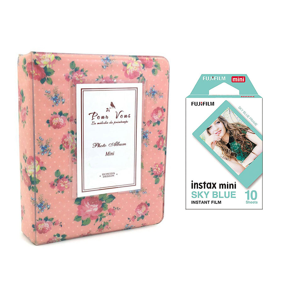 Fujifilm Instax Mini 10X1 sky blue Instant Film with Instax Time Photo Album 64 Sheets (Beautiful flower)