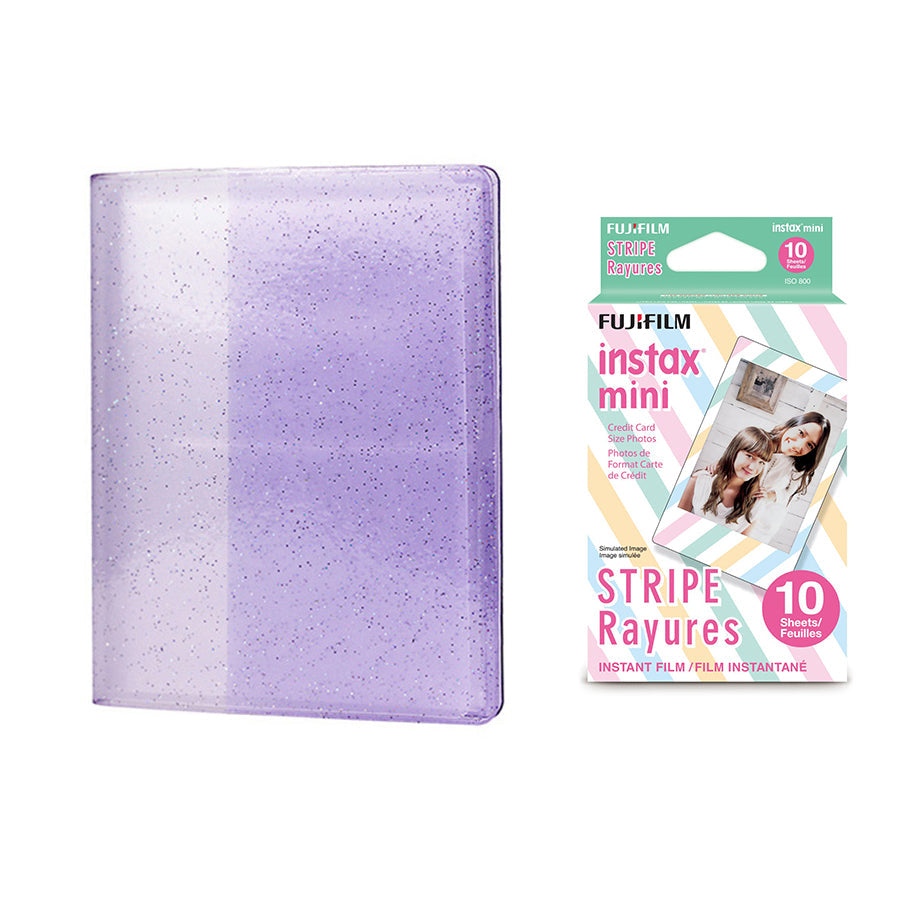 Fujifilm Instax Mini 10X1 stripe Instant Film with 64-Sheets Album For Mini Film 3 inch Lilac purple