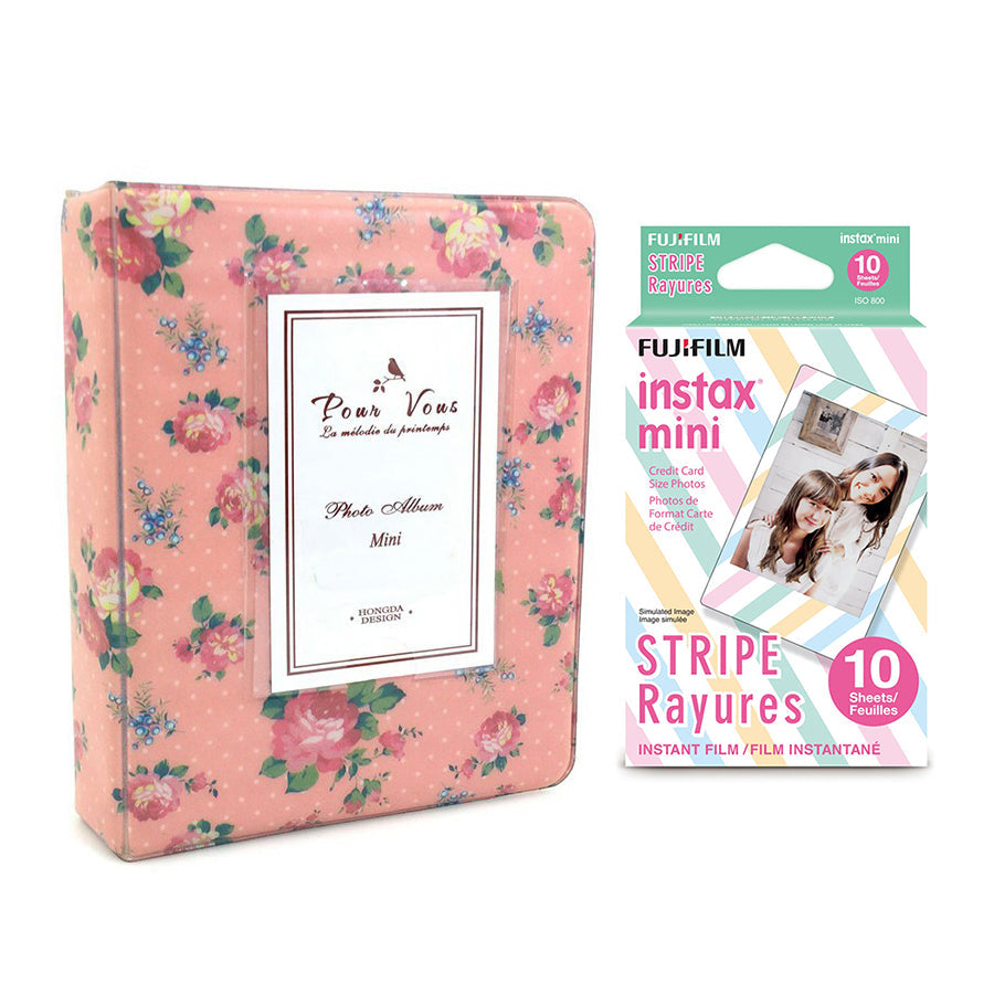 Fujifilm Instax Mini 10X1 stripe Instant Film with Instax Time Photo Album 64 Sheets (Beautiful flower)