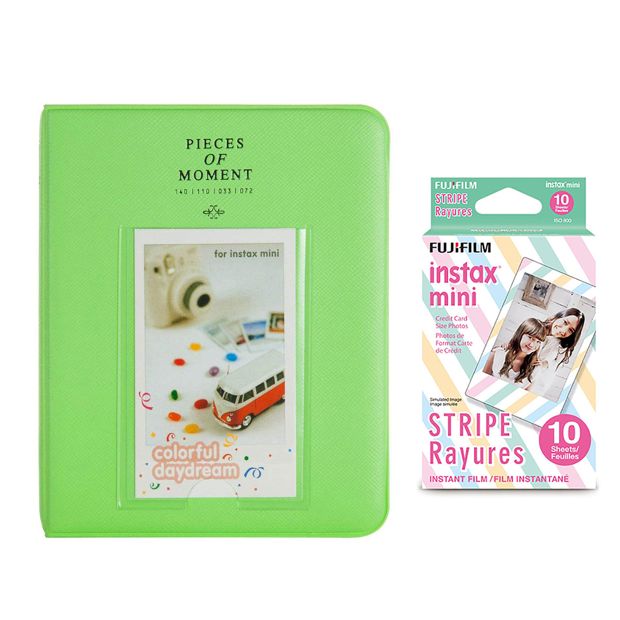 Fujifilm Instax Mini 10X1 stripe Instant Film with Instax Time Photo Album 64 Sheets Lime green