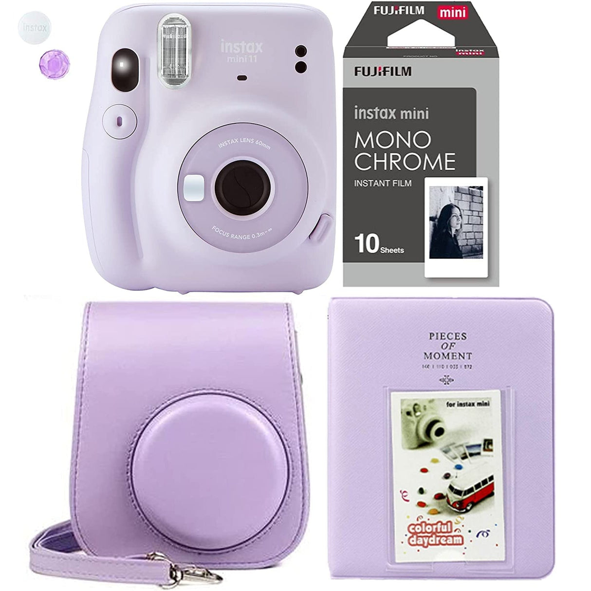 Fujifilm Instax Mini 11 Lilac Purple Instant Camera Plus Case, Photo Album and Fujifilm Character 10 Films (Monochrome)