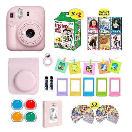 Fujifilm Instax Mini 12 Instant Camera + Shutter Compatible Carrying Case + Fuji Film Value Pack (20 Sheets) + Shutter Accessories Bundle, Color Filters, Photo Album, Assorted Frames Blossom Pink