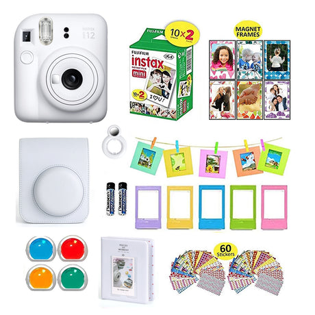 Fujifilm Instax Mini 12 Instant Camera + Shutter Compatible Carrying Case + Fuji Film Value Pack (20 Sheets) + Shutter Accessories Bundle, Color Filters, Photo Album, Assorted Frames Clay White