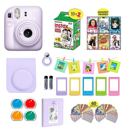 Fujifilm Instax Mini 12 Instant Camera + Shutter Compatible Carrying Case + Fuji Film Value Pack (20 Sheets) + Shutter Accessories Bundle, Color Filters, Photo Album, Assorted Frames Lilac Purple