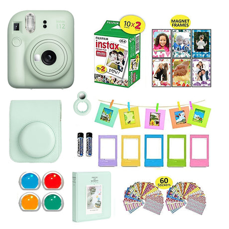 Fujifilm Instax Mini 12 Instant Camera + Shutter Compatible Carrying Case + Fuji Film Value Pack (20 Sheets) + Shutter Accessories Bundle, Color Filters, Photo Album, Assorted Frames Mint Green