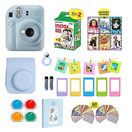 Fujifilm Instax Mini 12 Instant Camera + Shutter Compatible Carrying Case + Fuji Film Value Pack (20 Sheets) + Shutter Accessories Bundle, Color Filters, Photo Album, Assorted Frames Pastel Blue