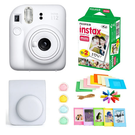 Fujifilm Instax Mini 12 Instant Camera + Instax Mini Twin Pack Film + Hanging Frames + Plastic Frames + Case + Close Up Filters - All Inclusive Bundle Clay White