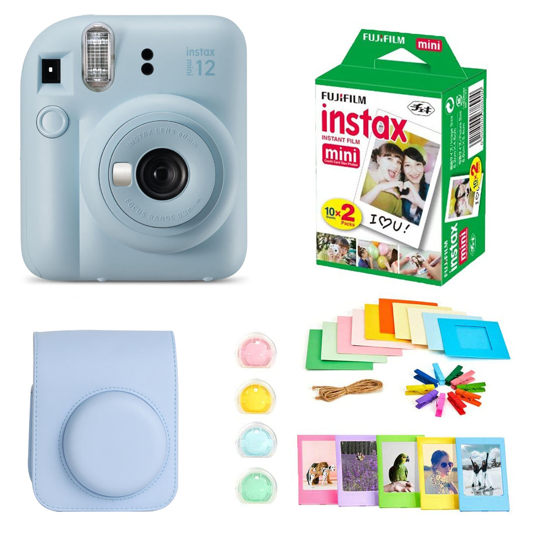 Fujifilm Instax Mini 12 Instant Camera + Instax Mini Twin Pack Film + Hanging Frames + Plastic Frames + Case + Close Up Filters - All Inclusive Bundle Pastel Blue