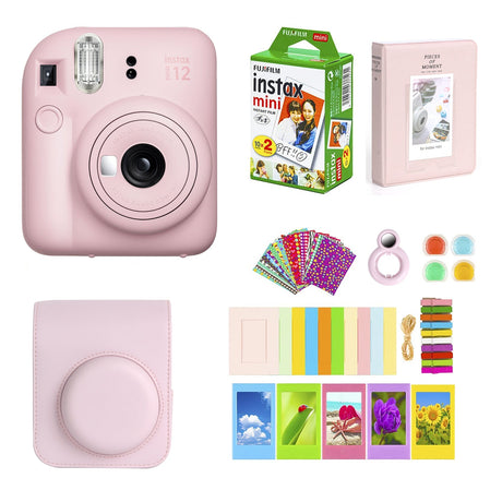 Fujifilm Instax Mini 12 Instant Camera with Instant Mini Film (20 Sheets)+ Accessories Bundle+ Carrying Case, Color Filters, Photo Album, Stickers Blossom Pink