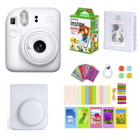 Fujifilm Instax Mini 12 Instant Camera with Instant Mini Film (20 Sheets)+ Accessories Bundle+ Carrying Case, Color Filters, Photo Album, Stickers Clay White