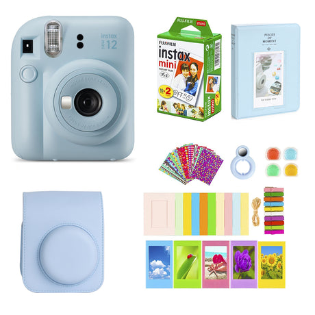 Fujifilm Instax Mini 12 Instant Camera with Instant Mini Film (20 Sheets)+ Accessories Bundle+ Carrying Case, Color Filters, Photo Album, Stickers Pastel Blue