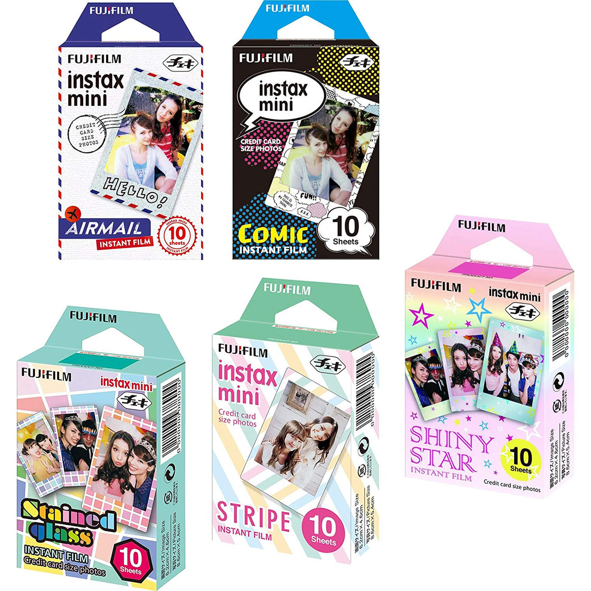 Fujifilm Instax Mini 5 Pack Bundle Includes Stained Glass, Comic, Stripe, Shiny Star, Airmail (50 Sheets)