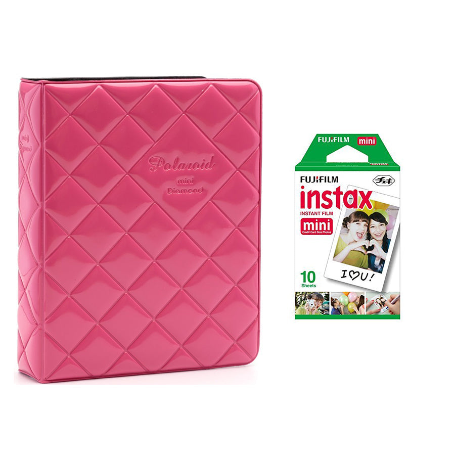 Fujifilm Instax Mini Single Pack 10 Sheets Instant Film with dimand Photo Album 64 Sheets Pink