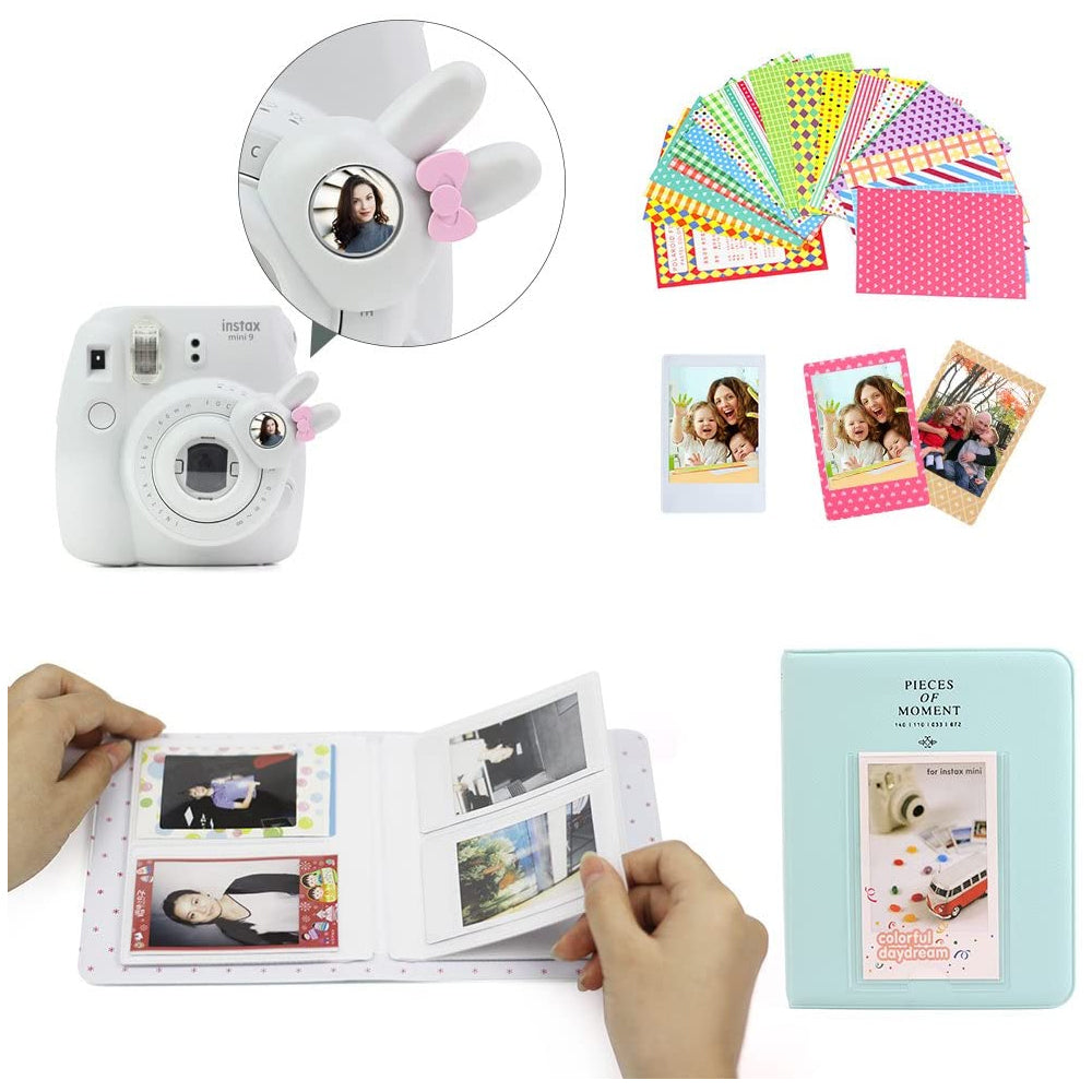 ZENKO Instax Mini 9/8 Camera Accessories Kit: Hand Strap/Film Album/Selfie Lens/Hanging + Creative Frames/Photo Stickers/Camera Sticks (Ash White kit)