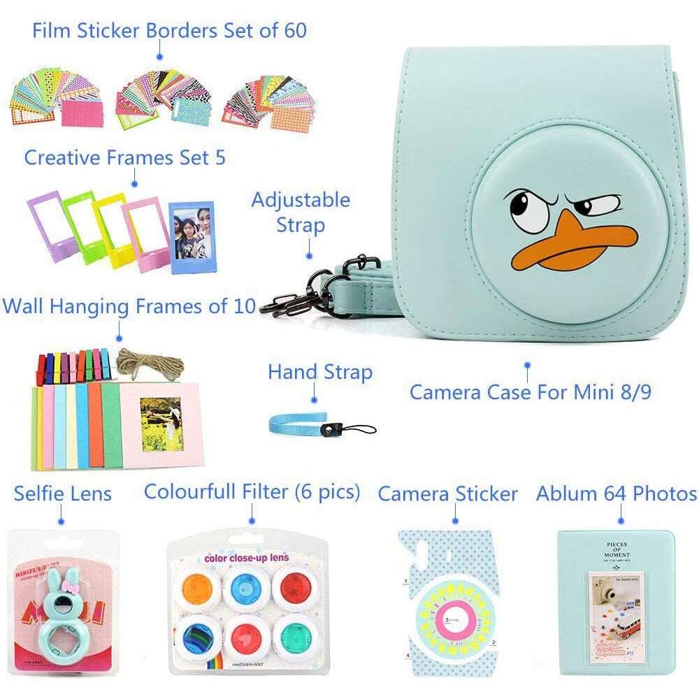 ZENKO Camera Bag for Instax Mini 9/8 Instant Film Camera Leather Case Suit with Case, Album, Filters and Other 6 Accessories 9 Items (Angry duck kit)