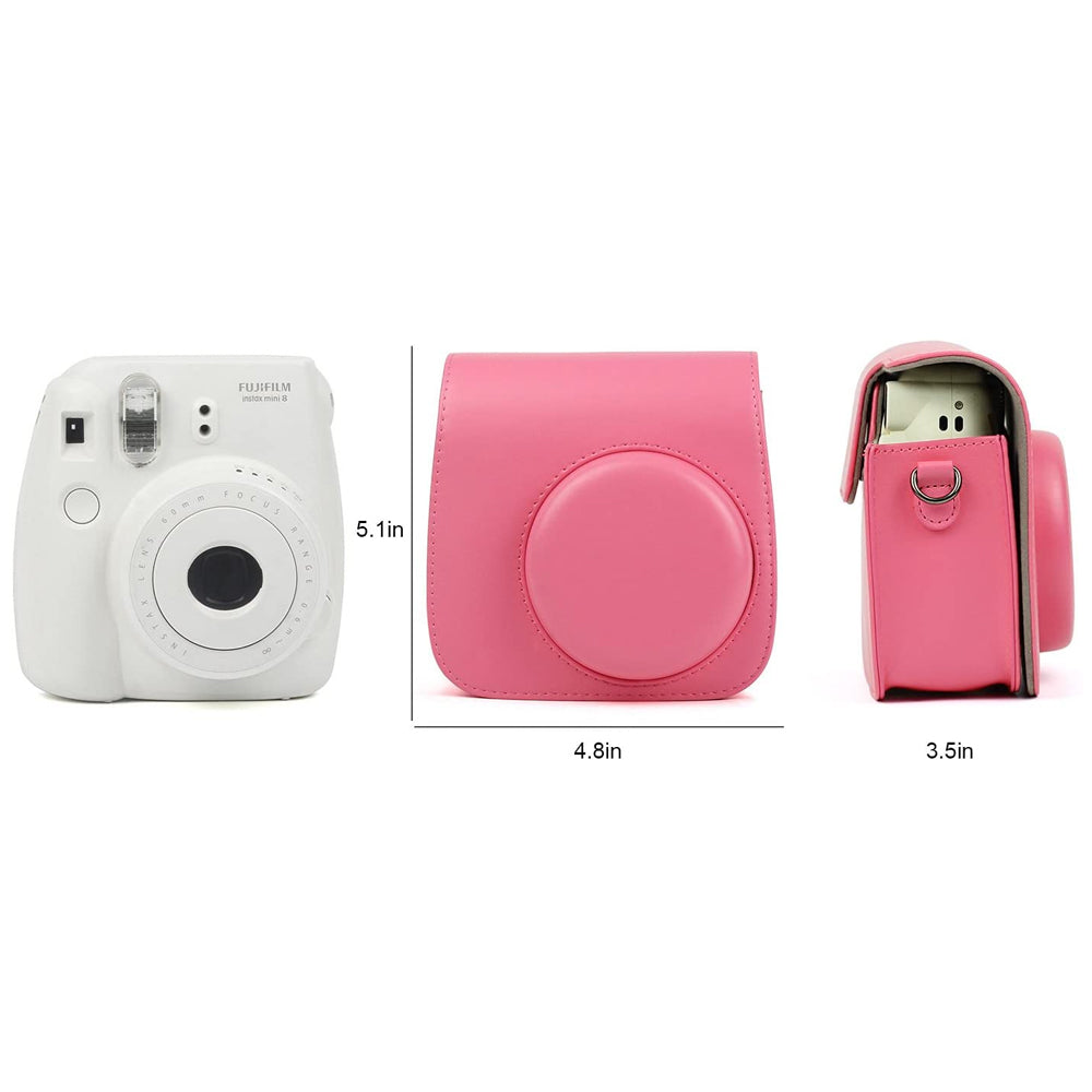 ZENKO Mini Camera Case for Instax Mini 9 8 8+ Instant Film Camera Premium PU Leather with Shoulder Strap Flamingo Pink