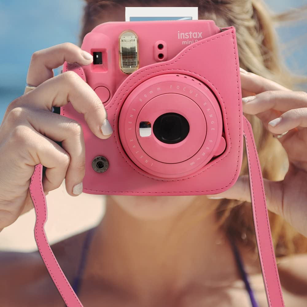 ZENKO Mini Camera Case for Instax Mini 9 8 8+ Instant Film Camera Premium PU Leather with Shoulder Strap Flamingo Pink