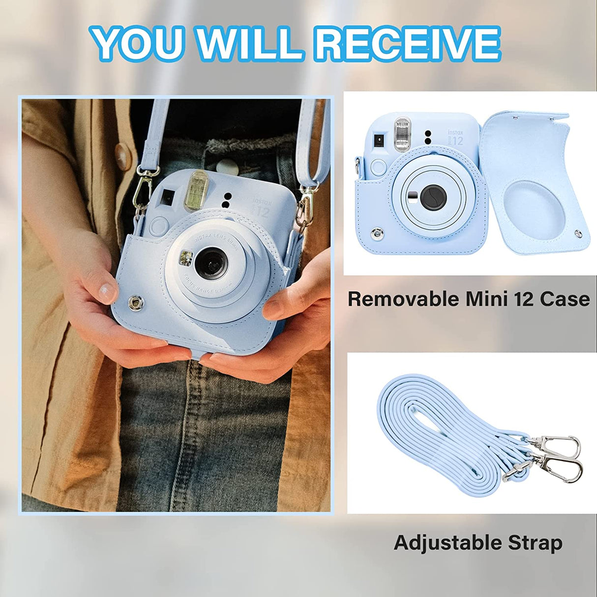 Zikkon Instax Mini 12 Protective Camera Case PU Leather Carrying Bag Pastel Blue
