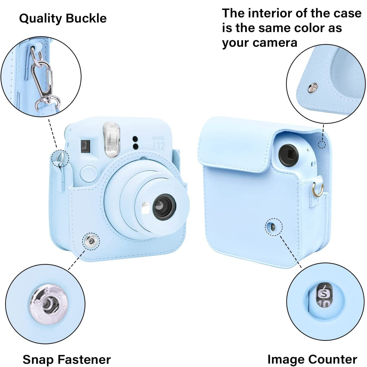 Zikkon Instax Mini 12 Protective Camera Case PU Leather Carrying Bag Pastel Blue