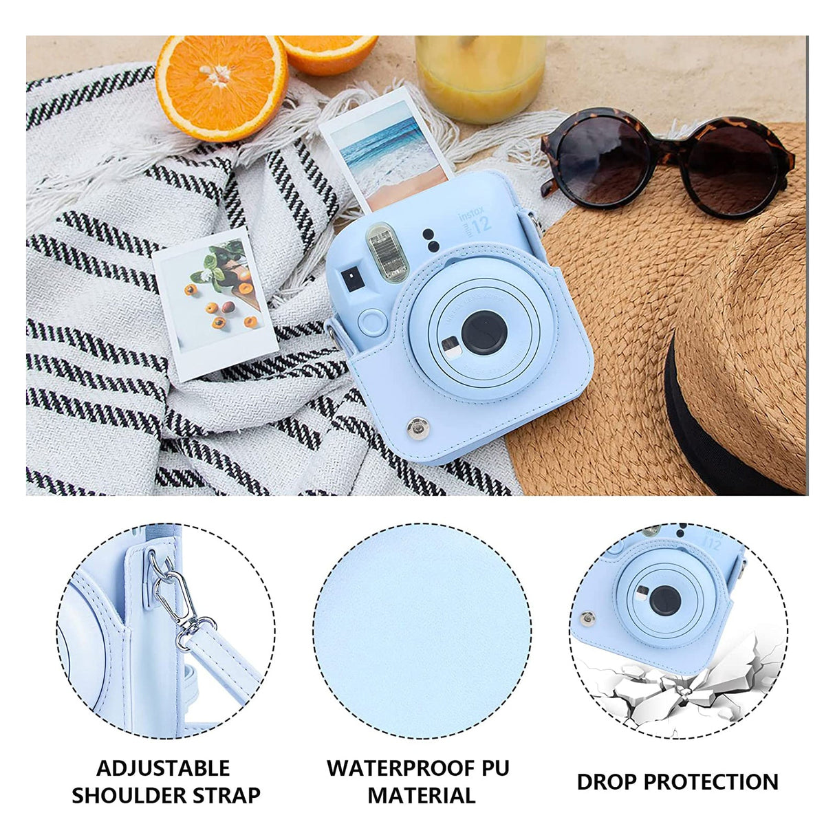 Zikkon Instax Mini 12 Protective Camera Case PU Leather Carrying Bag Pastel Blue