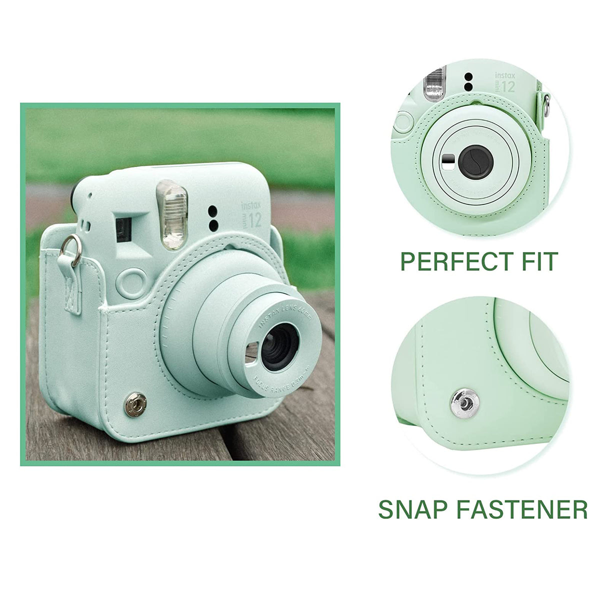 Zikkon Instax Mini 12 Protective Camera Case PU Leather Carrying Bag Mint Green