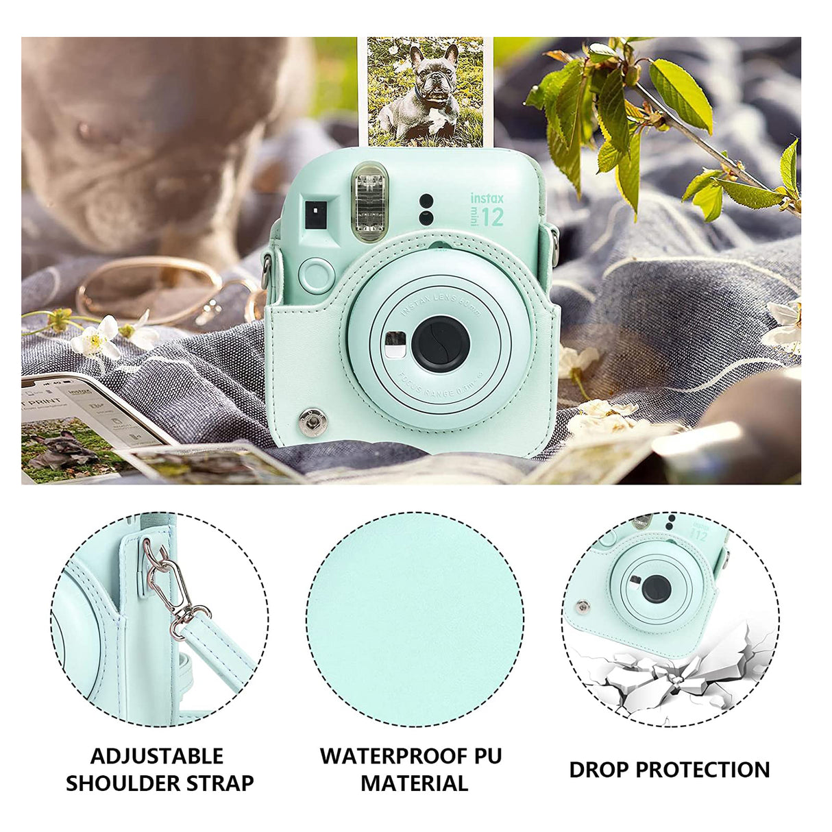 Zikkon Instax Mini 12 Protective Camera Case PU Leather Carrying Bag Mint Green