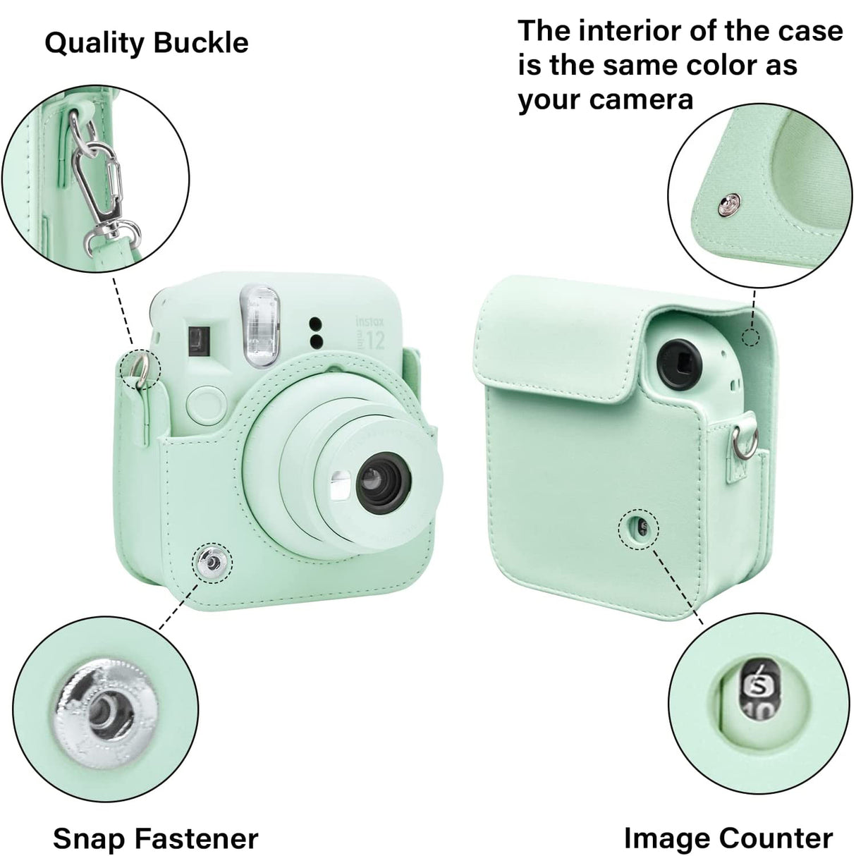 Zikkon Instax Mini 12 Protective Camera Case PU Leather Carrying Bag Mint Green
