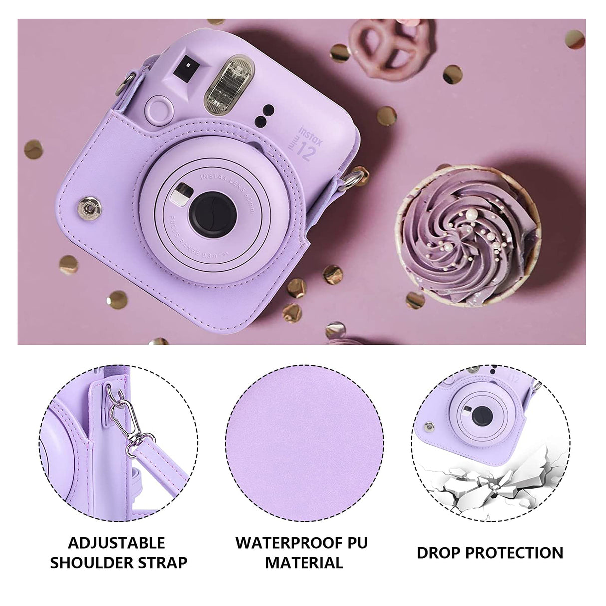 Zikkon Instax Mini 12 Protective Camera Case PU Leather Carrying Bag Lilac Purple