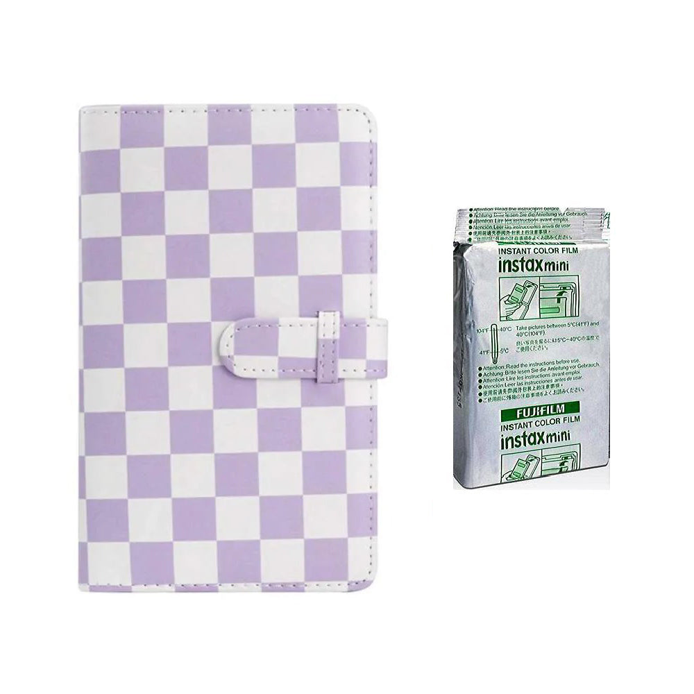 Fujifilm Instax Mini 10X1 Instant Film With 96-Sheets Album For Mini Film (3 inch) Purple Checkboard