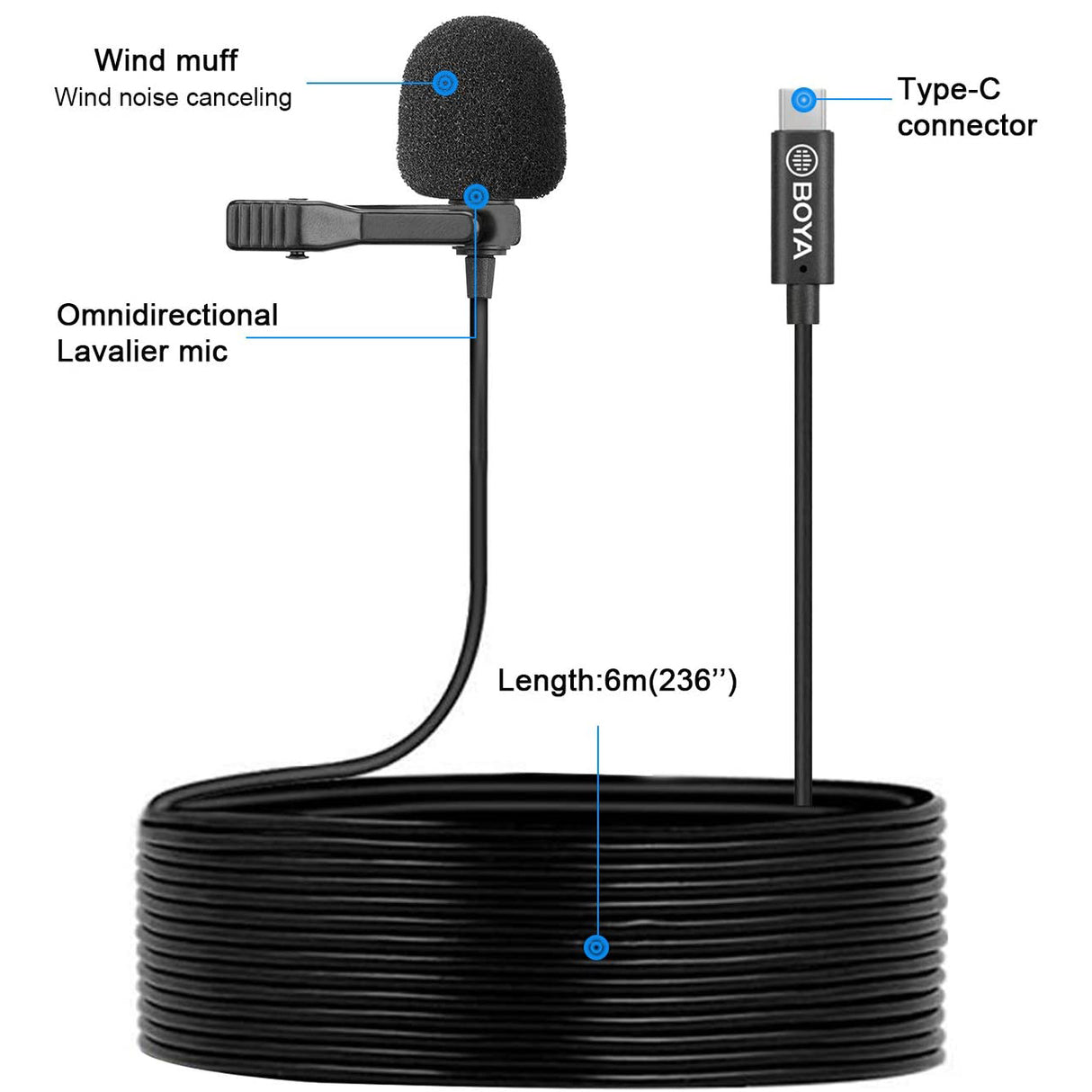 BOYA BY-M3 Digital Omnidirectional Lavalier Microphone with USB-C Cable (Android)