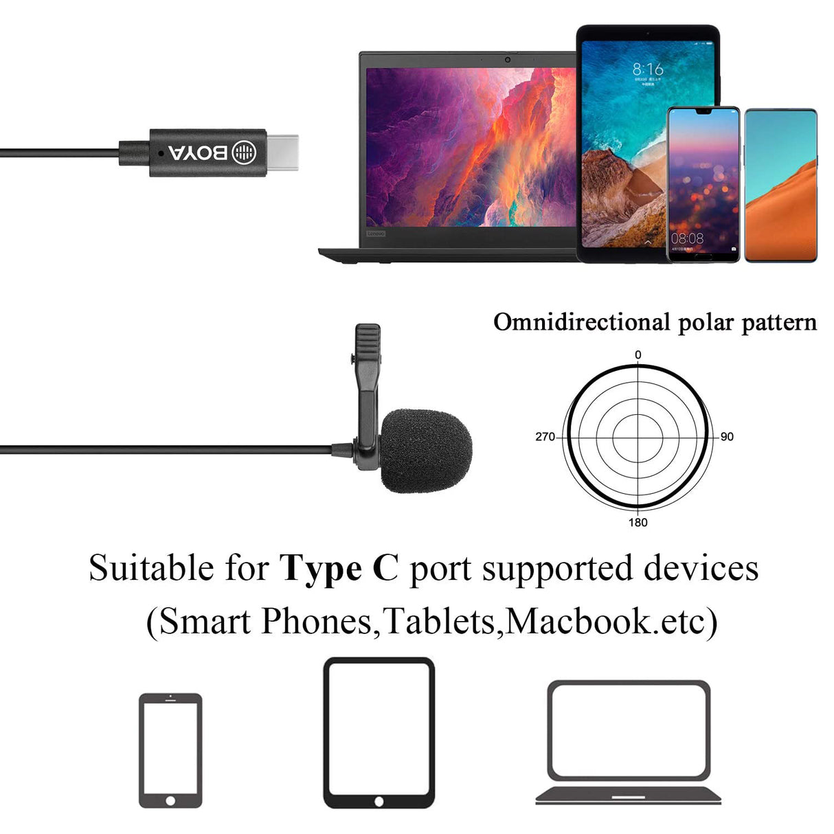 BOYA BY-M3 Digital Omnidirectional Lavalier Microphone with USB-C Cable (Android)