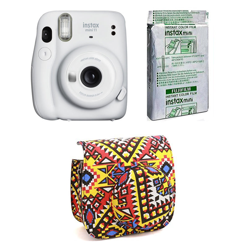 FUJIFILM INSTAX Mini 11 Instant Film Camera with 10X1 Pack of Instant Film With Bohemia Pouch Ice White