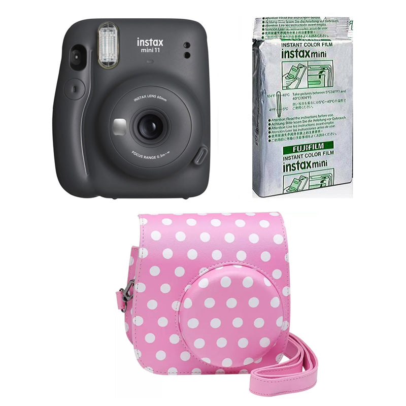 FUJIFILM INSTAX Mini 11 Instant Film Camera with 10X1 Pack of Instant Film With Dot Pink Pouch Charcoal Gray