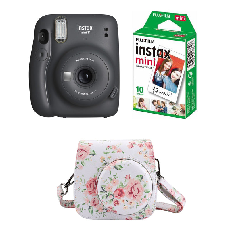 FUJIFILM INSTAX Mini 11 Instant Film Camera with 10X1 Pack of Instant Film With Floral Pouch Charcoal Gray