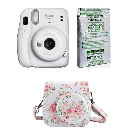 FUJIFILM INSTAX Mini 11 Instant Film Camera with 10X1 Pack of Instant Film With Floral Pouch Ice White
