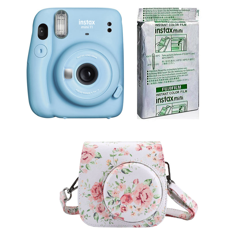 FUJIFILM INSTAX Mini 11 Instant Film Camera with 10X1 Pack of Instant Film With Floral Pouch Sky Blue
