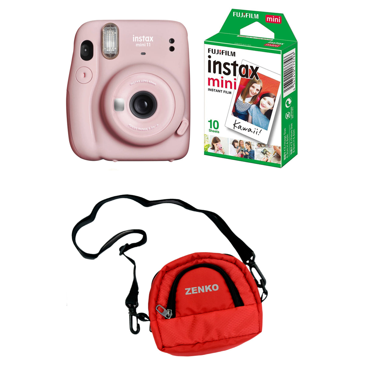 FUJIFILM INSTAX Mini 11 Instant Film Camera with 10X1 Pack of Instant Film With Red Pouch Kit (10 Exposures) Blush Pink