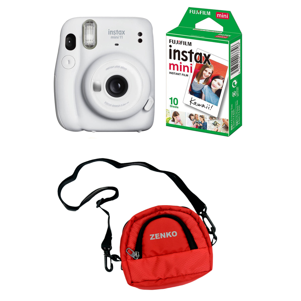 FUJIFILM INSTAX Mini 11 Instant Film Camera with 10X1 Pack of Instant Film With Red Pouch Kit (10 Exposures) Ice White