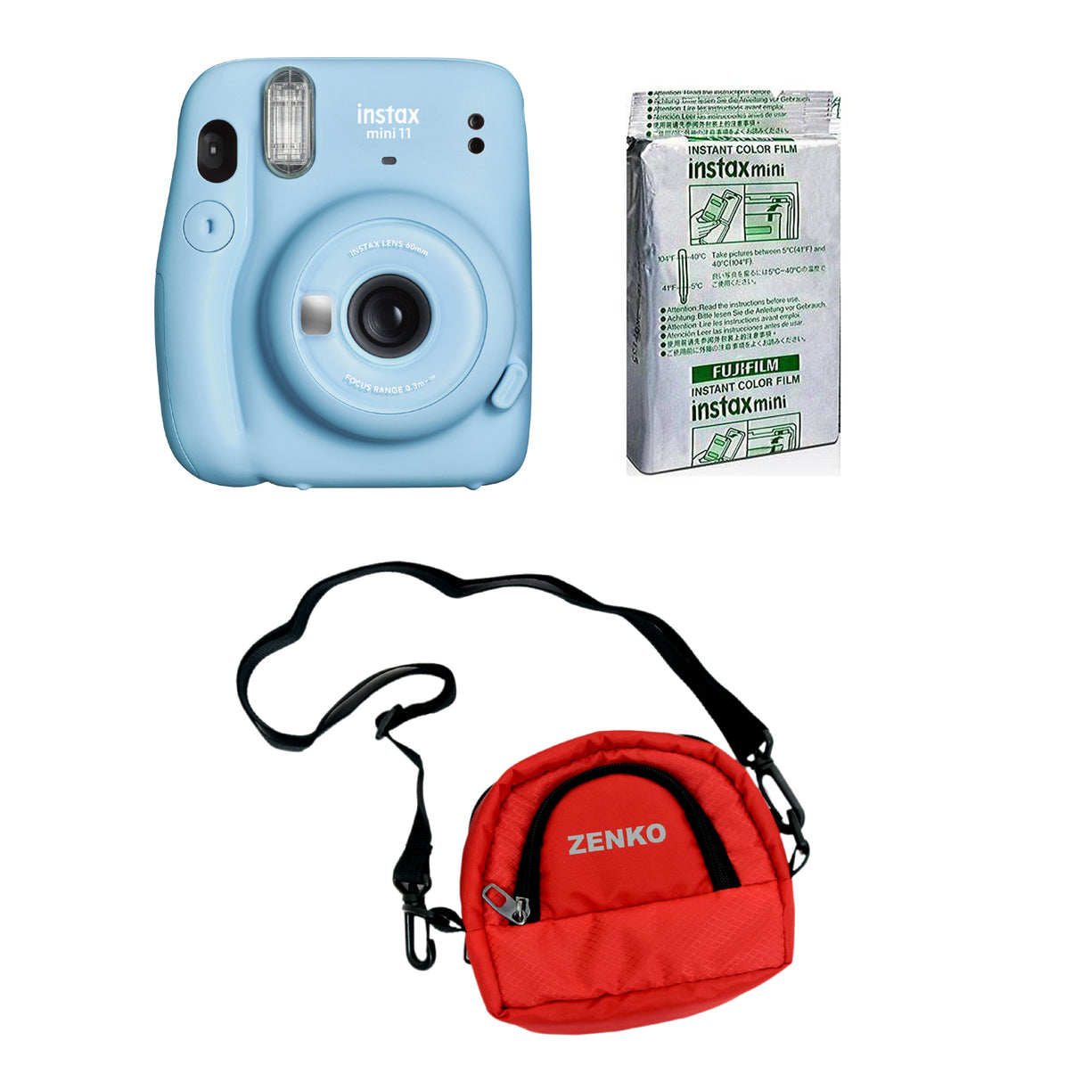 FUJIFILM INSTAX Mini 11 Instant Film Camera with 10X1 Pack of Instant Film With Red Pouch Kit (10 Exposures) Sky Blue
