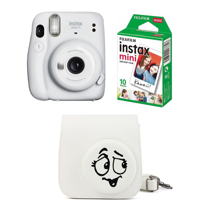 FUJIFILM INSTAX Mini 11 Instant Film Camera with 10X1 Pack of Instant Film With Wacky expressions Pouch Ice White